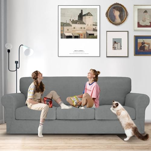 MAXIJIN 4 Piece Couch Covers for 3 Cushion Couch Sofa Covers, Stretch Couch Slipcovers for Sofas with 3 Cushions, Thick 3 Seat Furniture Protector for Dogs Pet (71"-91", Light Gray)