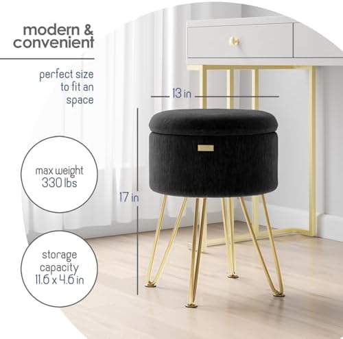 Round Ottoman with Storage, Textured Velvet Storage Ottoman, Foot Stool Ottomans, Makeup Vanity Stool, Small Ottomans Foot Rest, Modern Vanity Stools for Living Room and Bedroom, Black