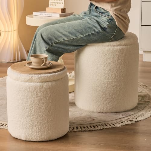 BLEXA Set of 2 Round Storage Ottoman, White Sherpa Ottoman with Storage