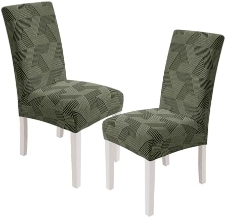 JIVINER Stretch Dining Chair Slipcovers Set of 2, Geometrical Jacquard Dining Chair Covers, Washable Kitchen Chair Covers for Dining Room, Hotel, Party, Army Green