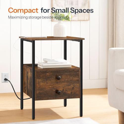 HOOBRO End Table with Charging Station, Bedside Table with Drawers