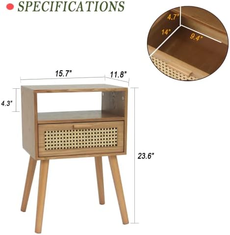 MaxSmeo Mid Century Modern Nightstand with Drawer, Small Nightstand Bedside Table, Rattan Nightstand, Wood End Table for Bedroom, Living Room (Brown)