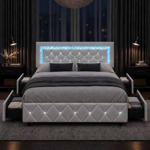 Queen Bed Frame with LED Lights, Upholstered Bed Frame with Storage Drawers