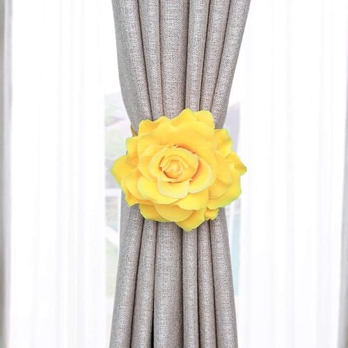 Curtain Tiebacks, Rose Magnetic Curtain Holders，Elegant 2 Pack Decorative Rope Holdback Holder, Home Decor Thin or Sheer Window Drapries Bed Canopy (Yellow)