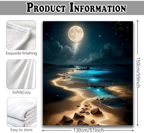 Full Moonlight Coastal Throw Blanket for Couch, Gifts for Beach Lovers, Mystical Celestial Ocean Throw Blanket for Home Bedroom Living Room Beach House Decoration, 50x60 Inches