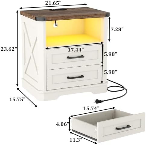 Yusong 23.62" Tall Night Stand, LED Nightstand with Charging Station, Modern Night Stand, Wood Sofa Couch End Side Table with 2 Pull-Out Shelf, White