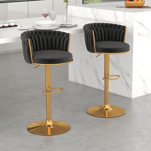 Gold Bar Stools Set of 2, Modern Adjustable Bar Height Barstools, Velvet Swivel Bar Chairs with Woven Backrest, Metal Footrest & Base, Upholstered Counter Stools for Kitchen Island, Black