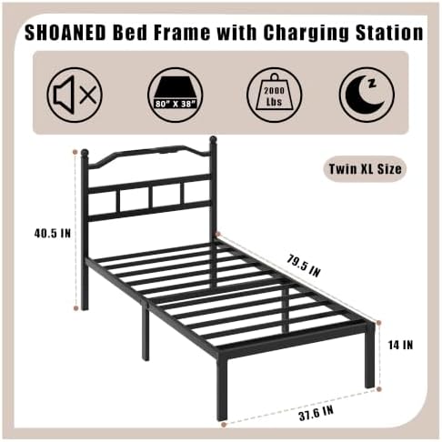 Metal Bed Frame with Headboard - 14 Inch Twin XL Size Heavy Duty Bedframe with Charging Station Black Basic Steel Slats Platform No Box Spring Needed/Noise Free