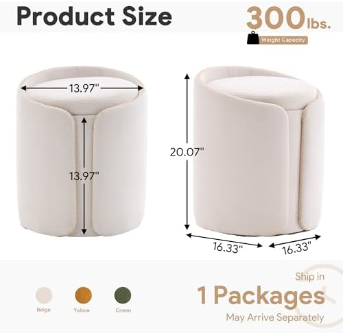 Storage Vanity Stool with Gold Base Comfy Vanity Chair Modern Round Stool for Makeup Vanity Ottoman Foot Rest for Bedroom livingroom, Beige