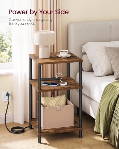 VASAGLE Side Table with Charging Station, 3-Tier Small Tall End Table