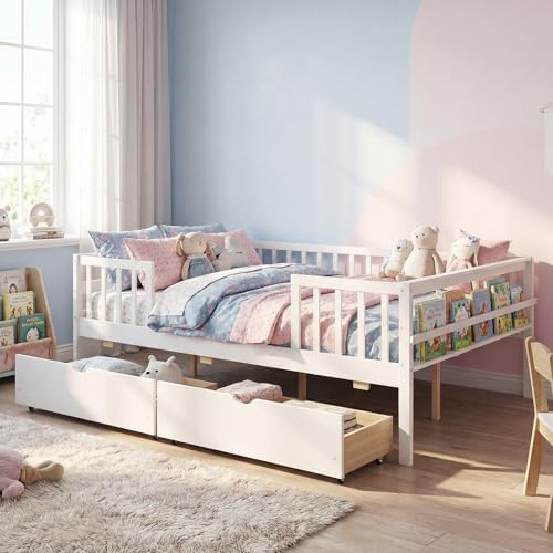 KOMFOTT Full Bed Frame with Rails, Wood Daybed with Side Shelf & 2 Storage Drawers, Platform Bed with Guardrail & Wooden Slat Support for Kids Teens, No Box Spring Needed (Full,White)
