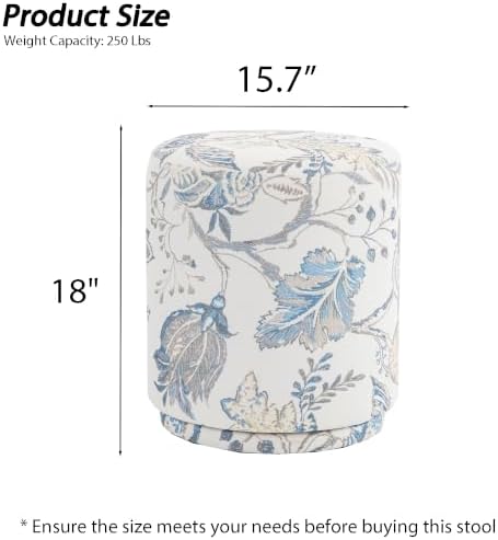 15.7" Swivel Vanity Stool, Floral Velvet Round Ottoman, Blue