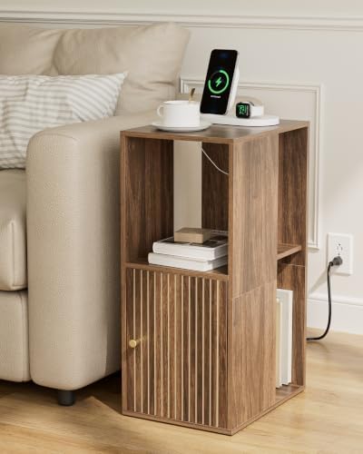 Narrow End Table, 27.6" Nightstand with Charging Station, Walnut