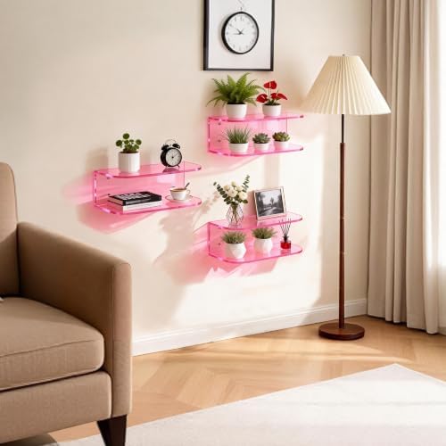Acrylic Floating Nightstand, Wall Mounted Bedside Table (Pink, 15.7”×9.4“×5.9”)