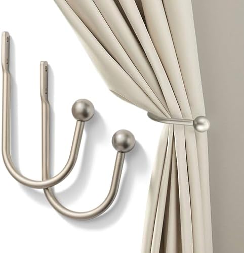 Curtain Holdback, 2 Pcs Wall Mounted Drapery Tiebacks with Screws, Heavy Duty Metal Decorative Window Drapery Holder Curtain Hook (Silver)