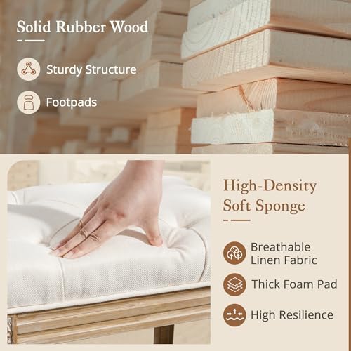 LUE BONA Upholstered Fabric Vanity Bench Seat, Makeup Stools for Vanity, Square Tufted Ottoman Bench with Carved Wood Color Legs for Bedroom Living Room, Beige