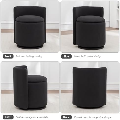 MINCETA Vanity Chair with Storage, 360° Swivel Accent Chair, Black