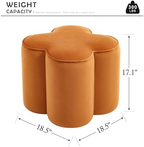 Orange Velvet Ottoman Set of 2, Small Vanity Stool, Flower Footstool