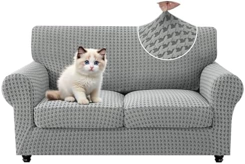 MAXIJIN 3 Pieces Stretch Sofa Covers for 2 Cushion Couch Loveseat Cover for Dogs Washable Love Seat Sofa Slipcovers Thick Soft Furniture Protector with Non Slip Strap (Light Gray, 55"-69")