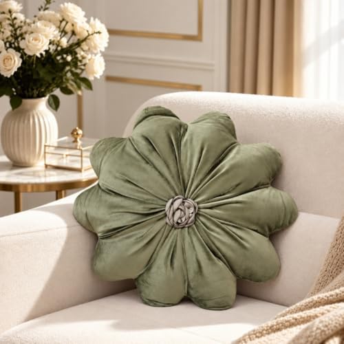 Flower Shaped Decorative Throw Pillow, 15.7" Round Flower Cushion -Green