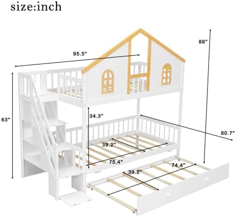 Twin Over Twin Size House Bunk Bed with Trundle & Storage Stairs