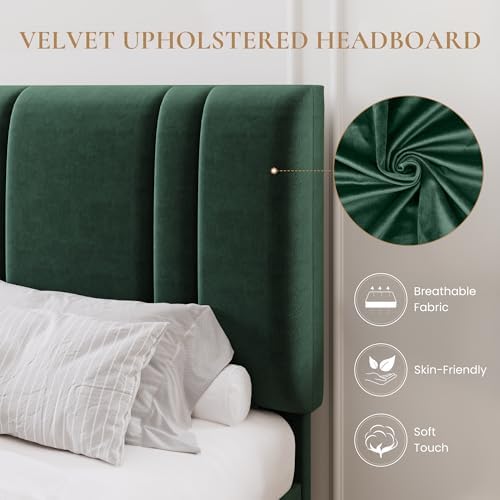 SHA CERLIN Full Size Velvet Bed Frame with Adjustable Headboard, Green