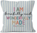 Boho Nursery Christian Throw Pillow Cover 18x18, Religious Bible Verse Inspirational Decorative Pillow Covers for Kids Boys Room Bedroom Playroom, Blue Striped Accent Pillows Cover Pillowcases