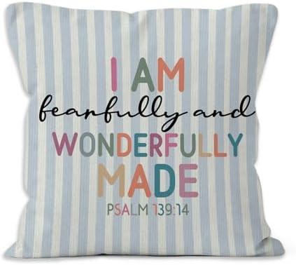 Boho Nursery Christian Throw Pillow Cover 18x18, Religious Bible Verse Inspirational Decorative Pillow Covers for Kids Boys Room Bedroom Playroom, Blue Striped Accent Pillows Cover Pillowcases