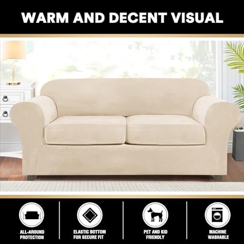 PrinceDeco Couch Cover Velvet Plush Sofa Covers for 2 Cushion Couch Width Up to 90 Inch Washable Furniture Protector Pet Friendly No Slip Sofa Slipcover(Medium-Large, Cream)