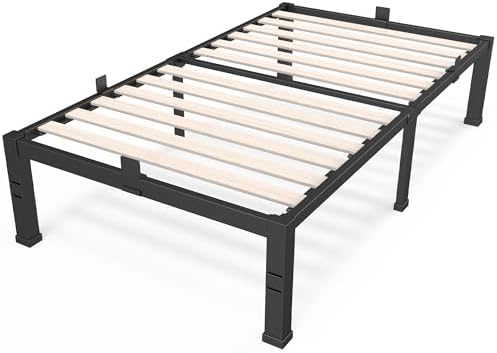 14 Inch Twin Size Bed Frame with Wood Slats & 4 Mattress Baffles