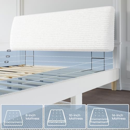 Pinmoco 4.7" Upholstered Headboard for Full Size Bed, Height Adjustable and Ergonomic Headboard, Easy Assemble, Sturdy and Durable, Corduroy, White