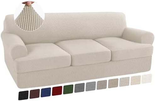 Turquoize 4 Piece T Cushion Sofa Slipcovers Stretch Couch Cover Furniture Covers with 3 Individual T Cushion Covers, Washable (3 Cushion Sofa,Island Fossi)