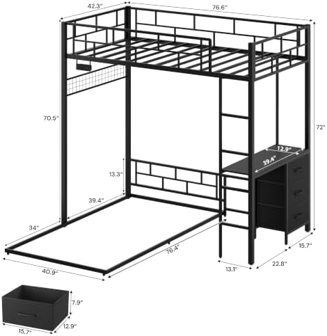 Bunk Bed Twin Over Twin with Desk, L-Shaped Loft Beds with Charging Station, 3 Storage Drawers & Shelves, Bunk Beds with Safety Guardrail & Ladder for Kids/Teens, No Box Spring Needed, Black
