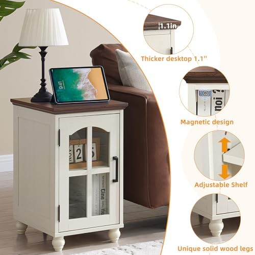 RWYHG Narrow Side Table, Farmhouse Nightstand with Charging Station