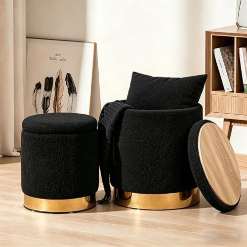 Round Ottoman with Storage Set of 2, Black Sherpa Vanity Stool