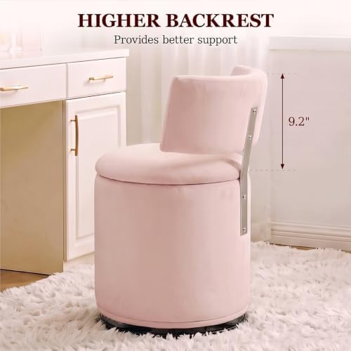 Swivel Vanity Chair with Storage, Velvet Makeup Stool with Higher Back for Living Room, Bedroom, Dressing, Pink