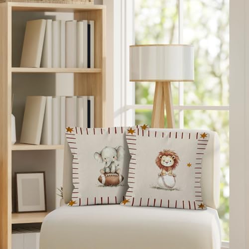 Sports Animal Nursery Throw Pillow Cover 18x18, Lion Elephant Decorative Pillow Covers for Kids Toddler Boy Nursery Room Bedroom Playroom, Kids Playroom Accent Pillows Cover Pillowcases, Set of 2
