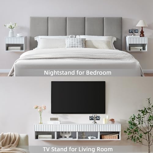 BuildHom Floating Nightstand Set of 2 with Fluted Drawer, Bedside Table