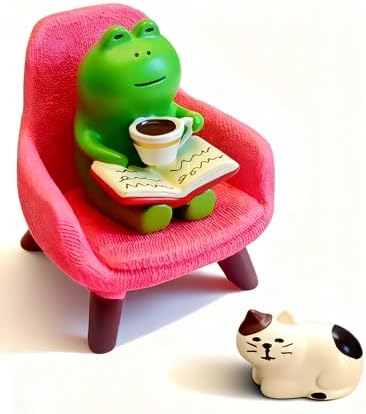 Miniature Frog Figurines Set, Cute Resin Desk Decor with Pink Chair and Sleepy Cat, Small Shelf Decoration for Office Home Workspace, Gifts for Women Teachers Coworkers Frog Lovers