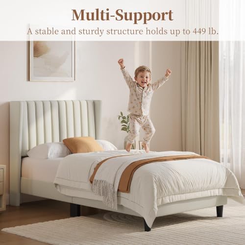 Yaheetech Twin Bed Frame with Headboard,Ivory Channel-Tufted Platform