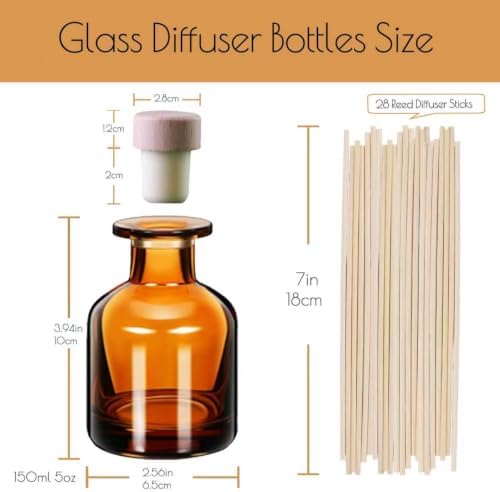 HOSSIAN 150ml 4PCS Reed Diffuser Bottles,Fragrance Diffuser Empty Bottle with 28pcs Reed Sticks for Home Fragrance Accessories and Women Gift Room,Home,Bathroom Decor (Amber)