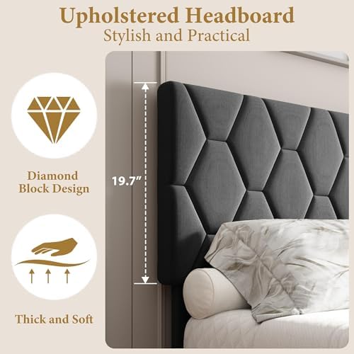 Queen Bed Frame with Adjustable Headboard, Upholstered Bed Frame, Grey