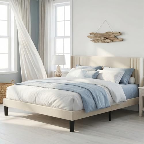 Gizoon Full Bed Frame with Wingback Headboard, Upholstered Platform Bed