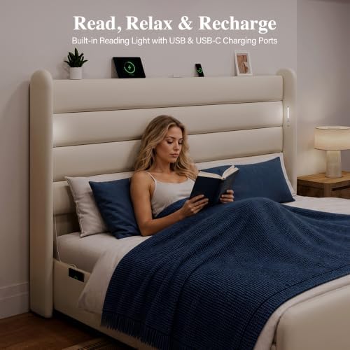 King Size Bed Frame with 59'' Tall Headboard with Readlight, White