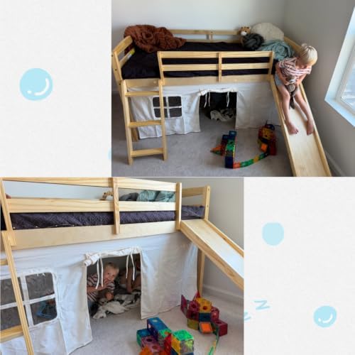 Spirich Solid Wood Kids Twin Loft Bed with Slide and Under-Bed Play Curtain