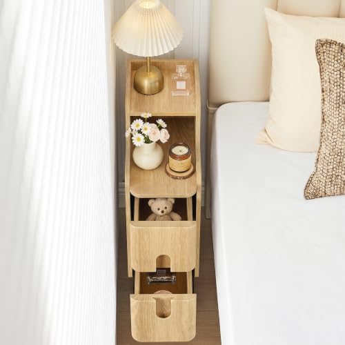FurSch Narrow Nightstand, Wooden 2 Drawer, Natural, 1 pc