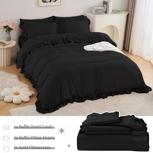 Horbaunal 5 Pcs Black Ruffle Duvet Cover Queen Size Soft Microfiber Shabby Chic Ruffled Duvet Cover Set, Vintage French Country Ruffle Bedding Set with Zipper Closure & Corner Ties, 90" x 90"