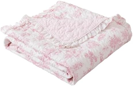Brandream Pink Toile Quilted Throw Blanket 47" x 60" Cozy Cotton Decorative Blanket French Country Cottage Floral Quilt Throw for Bed Couch Sofa Daybed All-Season Coverlet