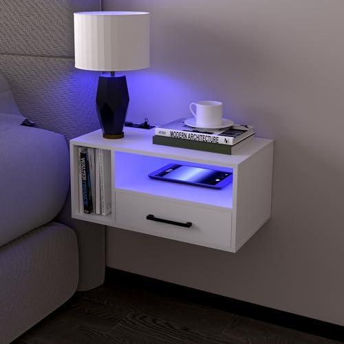 Homaterial Floating Nightstand with Charging Station & Lights, White