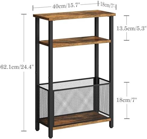 MMEOLUOOK Narrow Side Table with Storage Basket Skinny End Tables for Smalls Spaces 3 Tier Sofa Table Small Nightstand Slim Bedside Table for Living Room Bedroom Rustic Brown MLBZ22RB